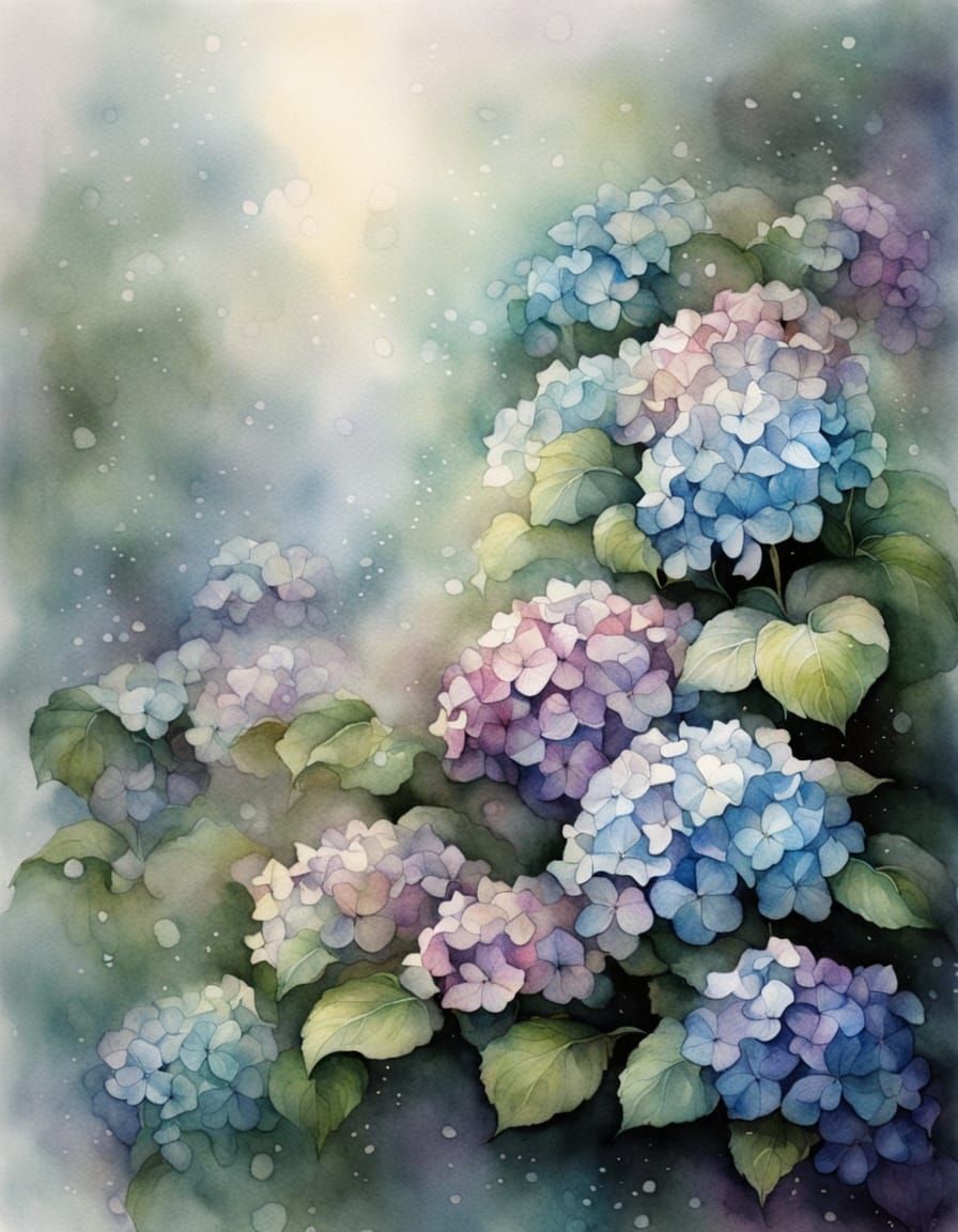 Ethereal Hydrangea Petals Drifting Down as Watercolor