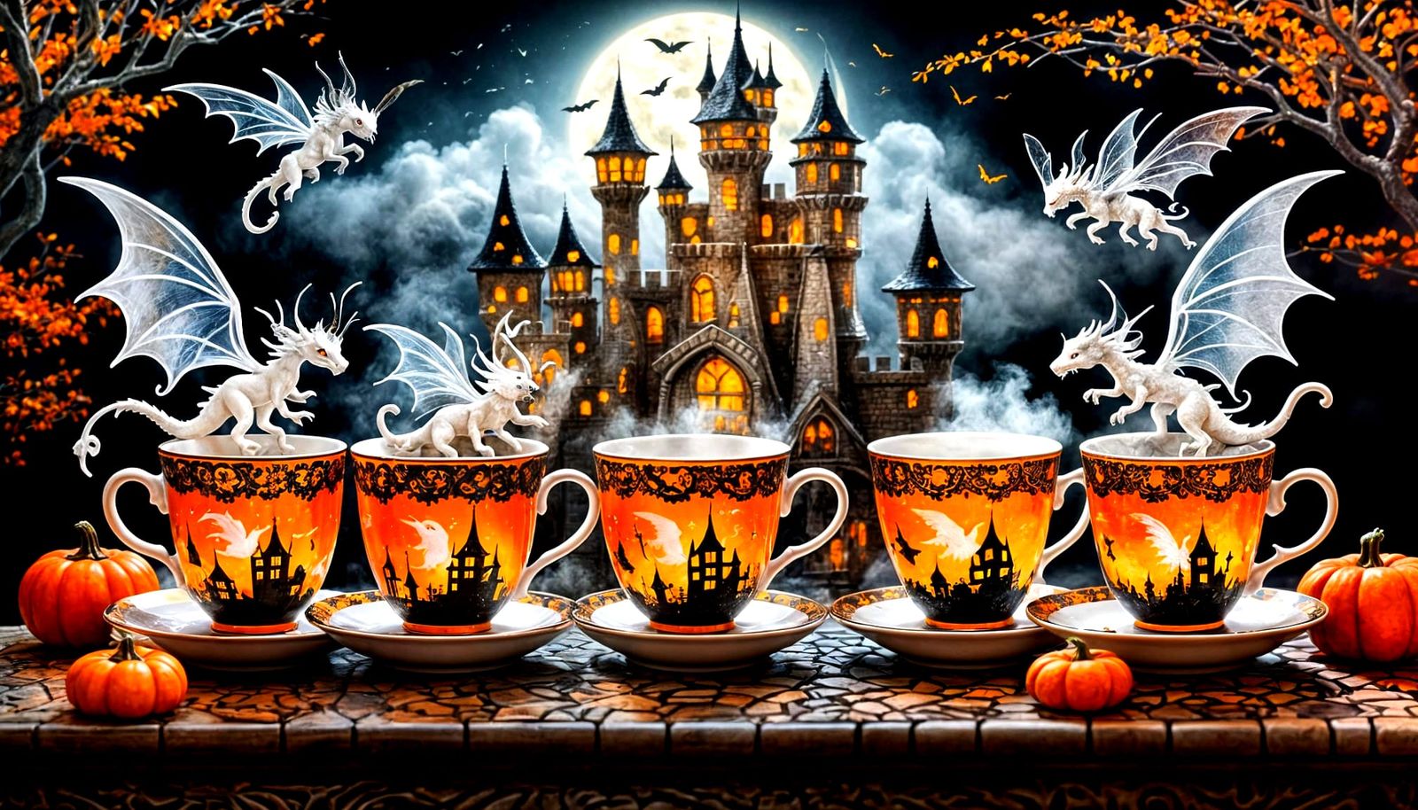Halloween Tea Cups with Dragons and Fairies