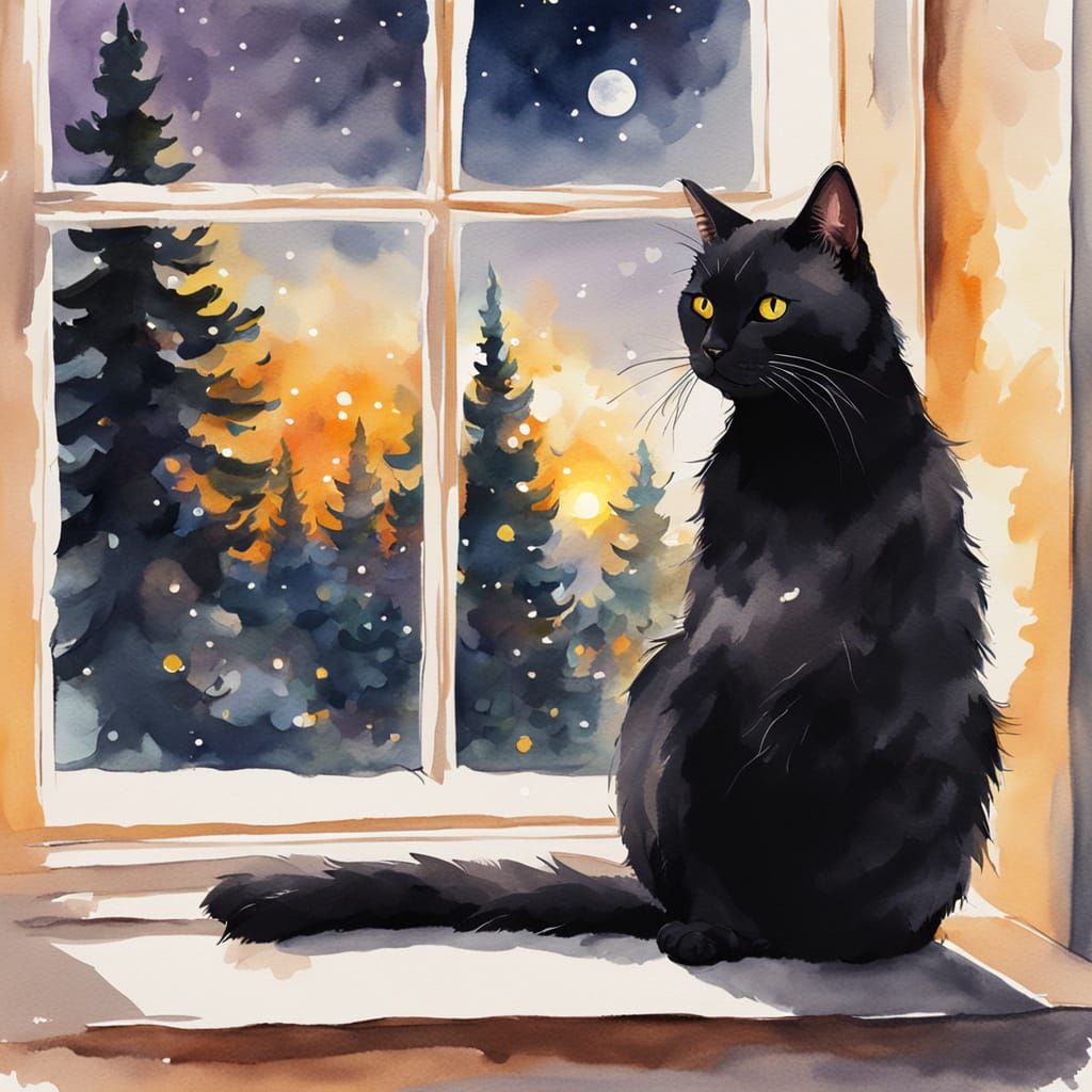 Whimsical Watercolor Portrait of a Black Cat