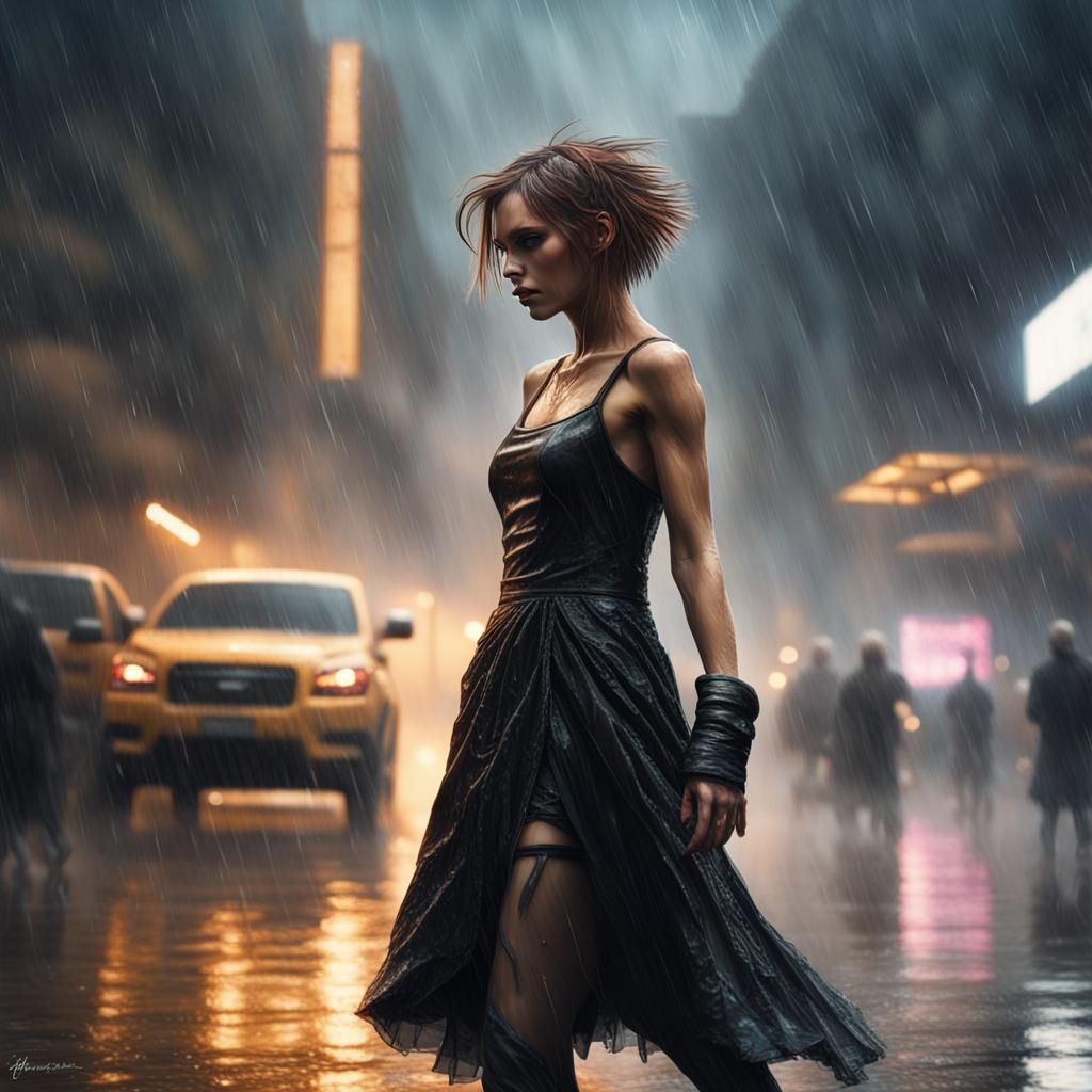 Cyberpunk Woman Dancing in the Rain