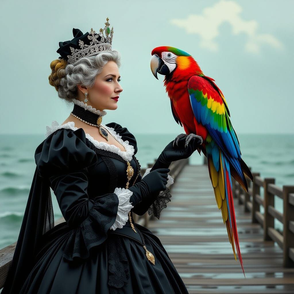 Queen Victoria with Prophetic Parrot on Pier in Gothic Style