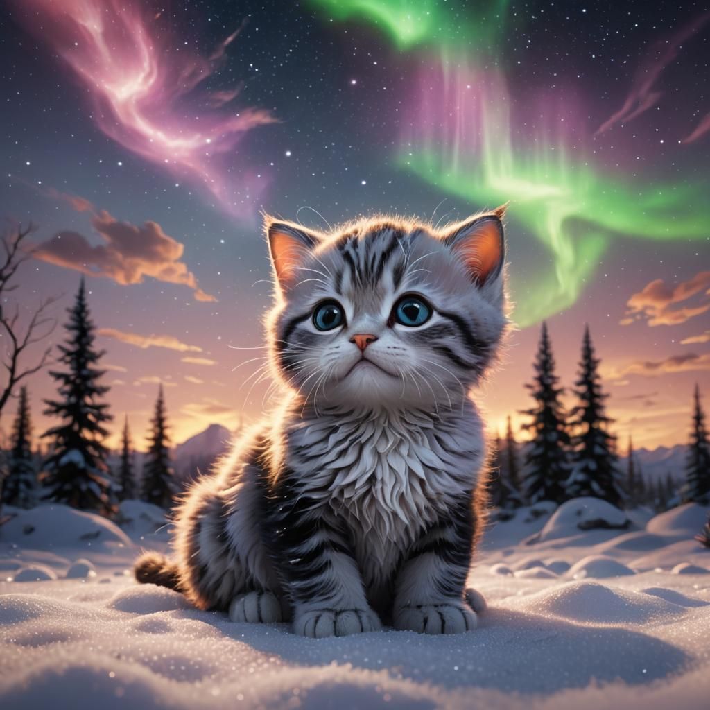 Cute Kitten Under Northern Lights Sky