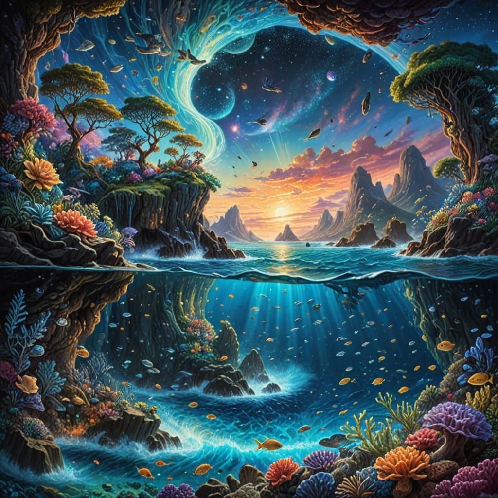 Island Paradise Above, Cosmic Reef Below in Surreal Illustra...