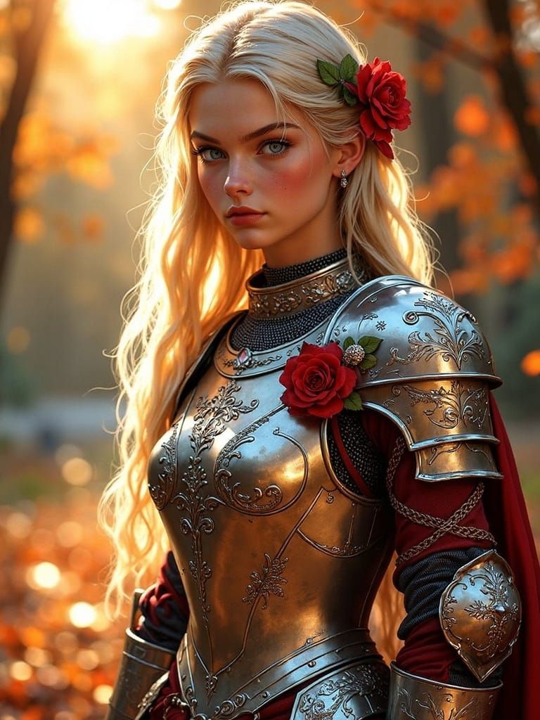Elegant Knight in Engraved Armor Adorned with Ruby Rose
