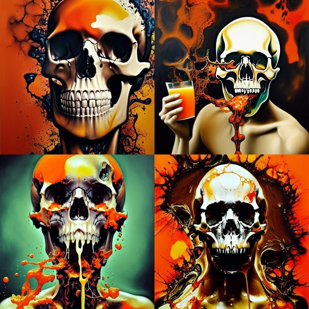 Human Skull Sipping Orange Juice: Oil Painting