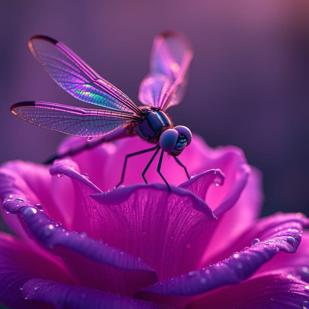 Macro Dragonfly on Rose with Iridescent Wings