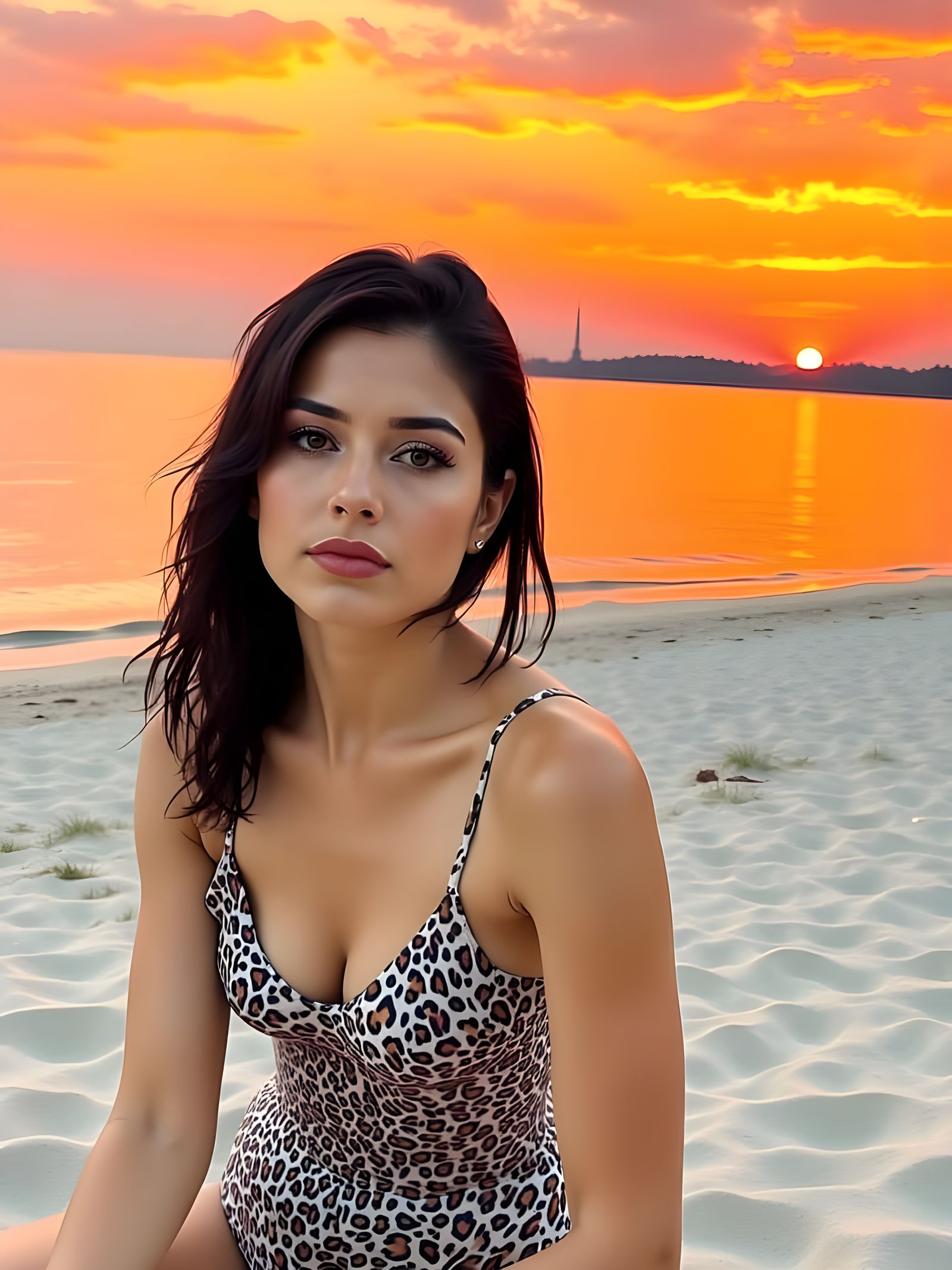 Woman Soaks Up Vibrant Sunset on Beach
