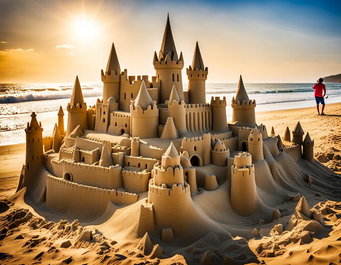 Intricate Sandcastle on a Breezy Summer Beach