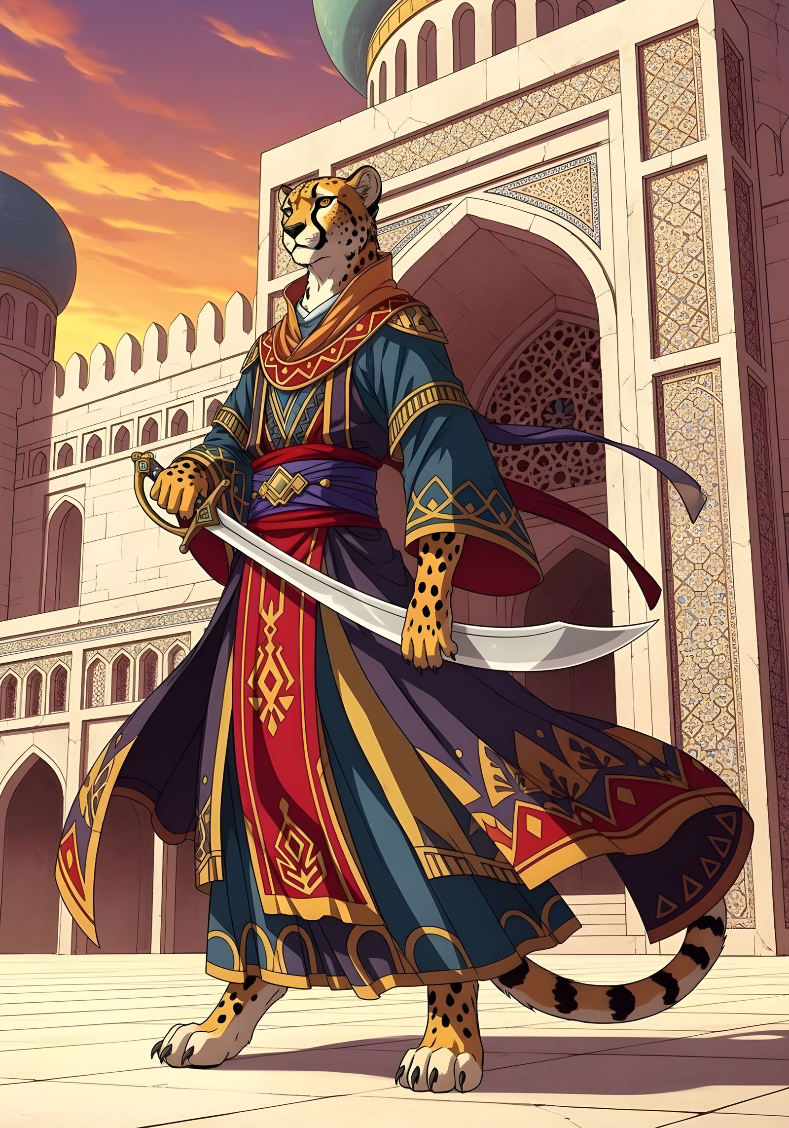 Anime Cheetah Guarding Middle Eastern Palace