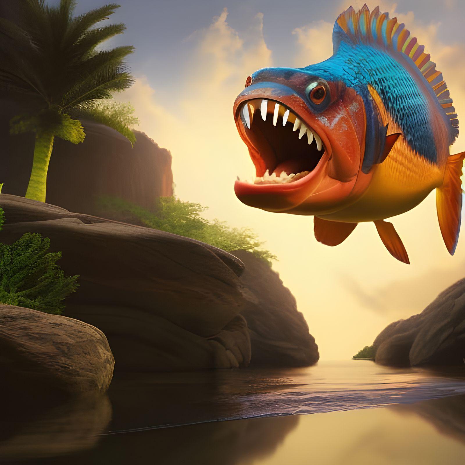 Piranha Leaps from River in Pixar Style
