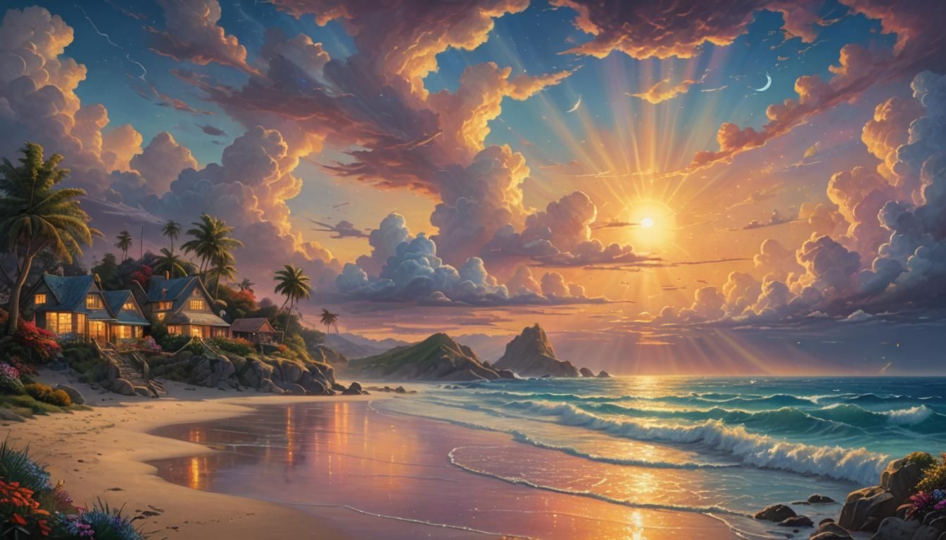 Stunning Astral Beach Sunset: A Fantasy Illustration