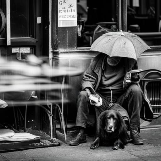Homeless Man and Dog in Rain Outside Cafe