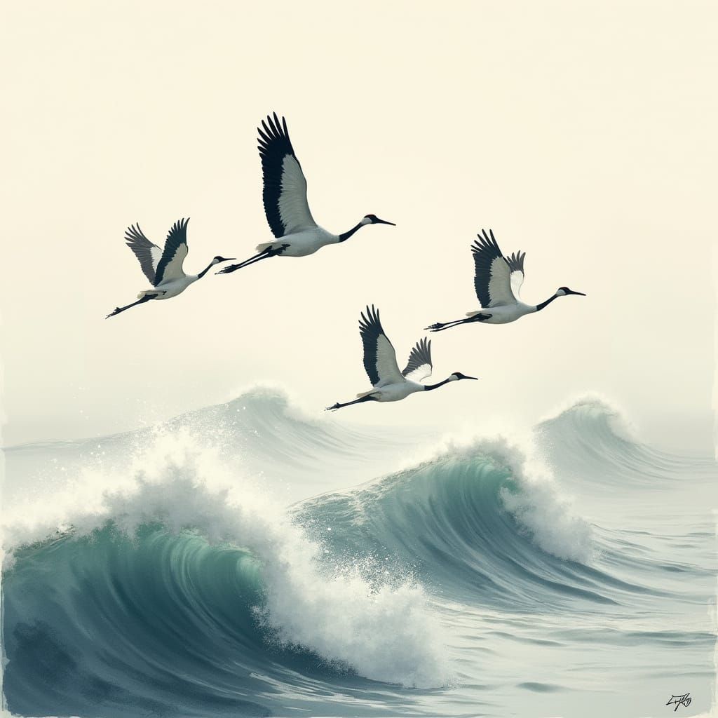 Japanese Cranes Fly Over Cresting Waves in Ink Wash Style