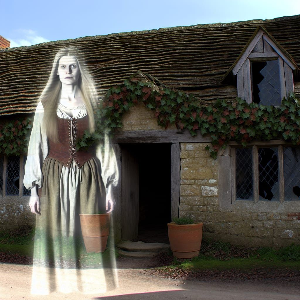 Eerie Tudor Cottage with Ghostly Peasant Woman