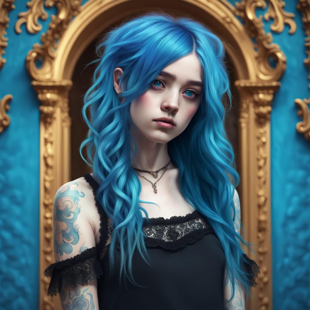 Blue-Haired Girl in Baroque Emo Style Portrait