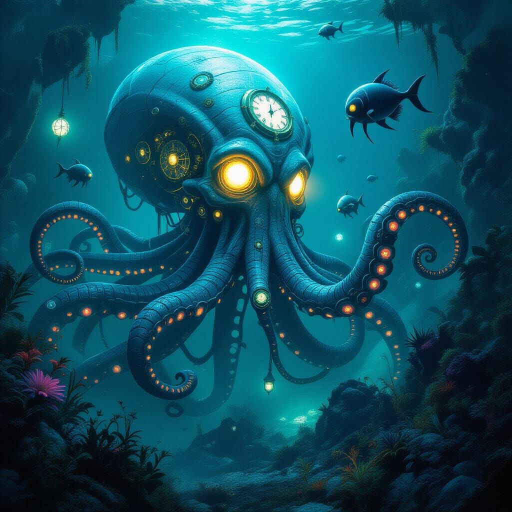 Bioluminescent Steampunk Kraken in Alien Ocean
