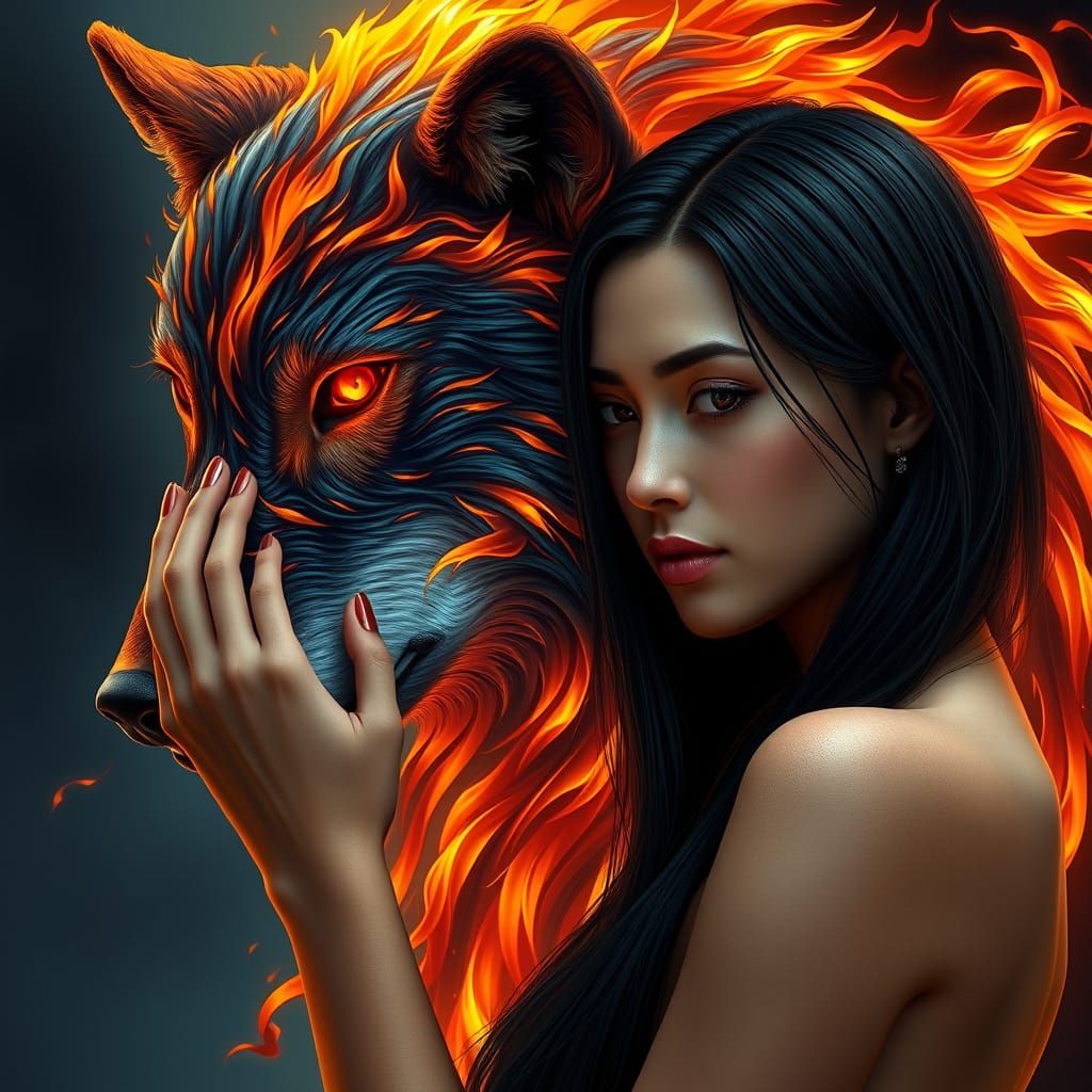 Fit Woman Tames Majestic Wolf in Fiery Flames Portrait
