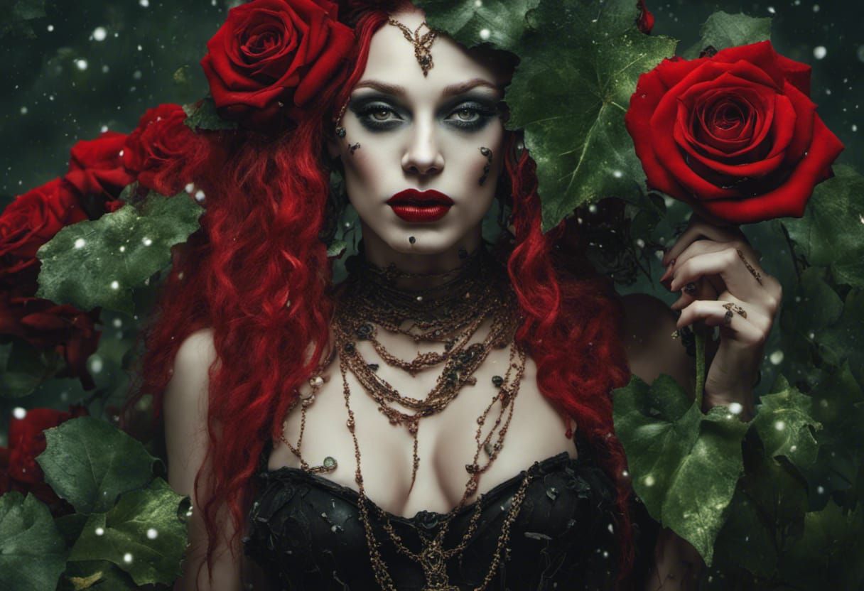 Emilie Autumn woman entwined in green ivy, black and red ros...
