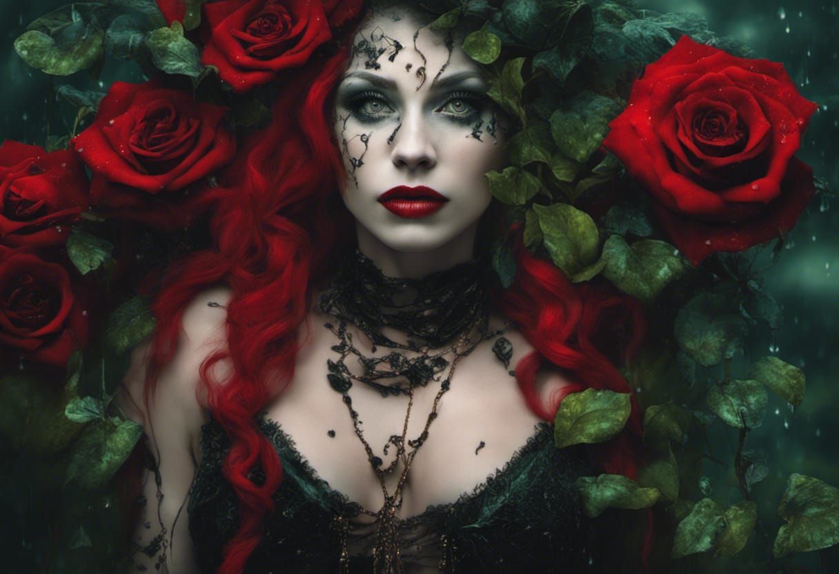 Emilie Autumn woman entwined in green ivy, black and red ros...