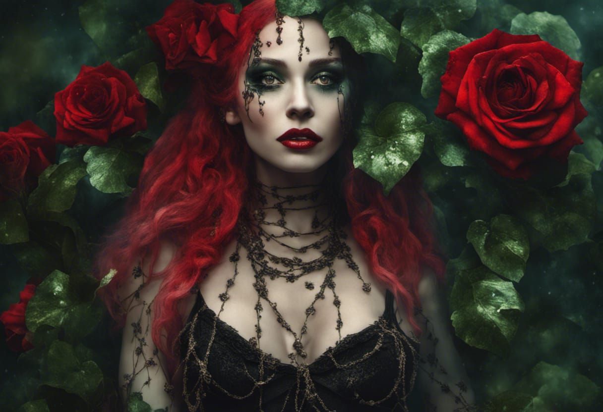 Emilie Autumn woman entwined in green ivy, black and red ros...