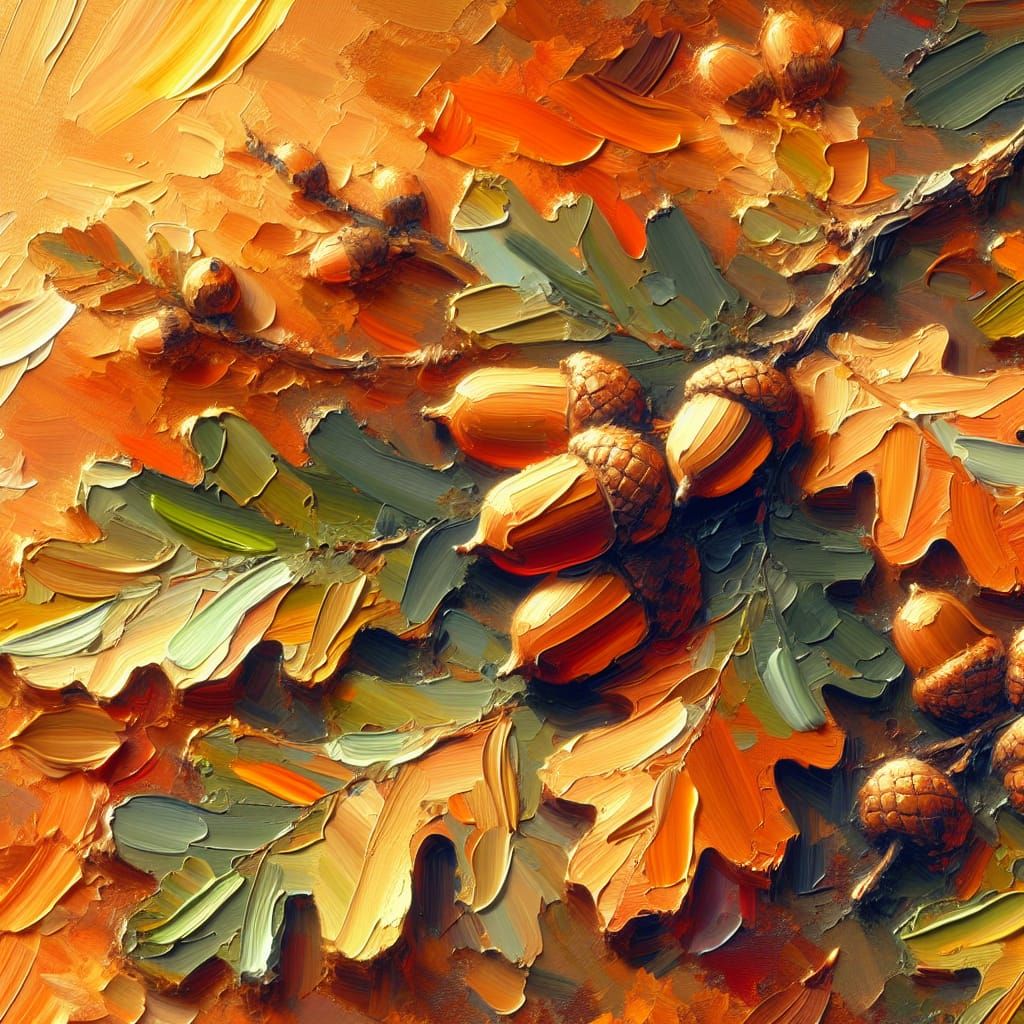 Oak Branch Close-Up in Oil Paint Impasto Style