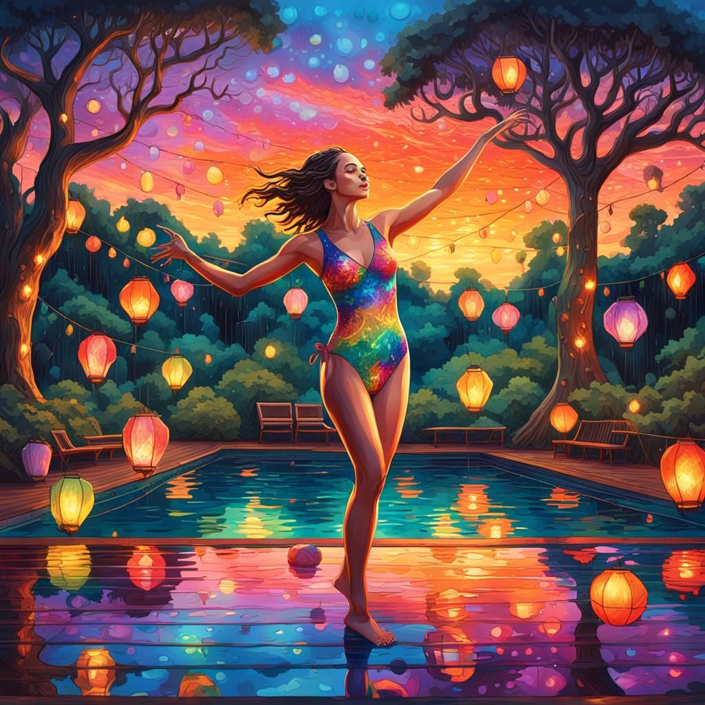 Fantasy Pool Party at Sunset in Oil Painting Style