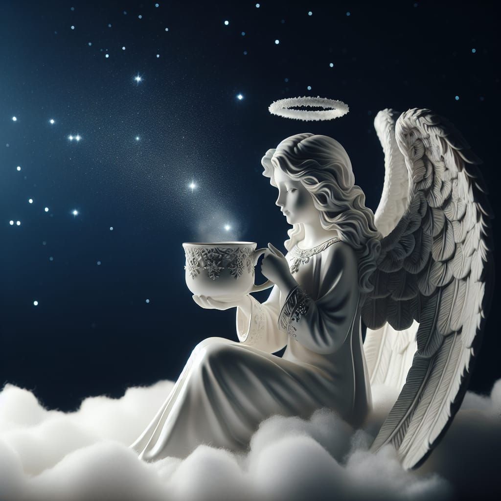 Angel in Christmas Night Sky Drinking Coffee