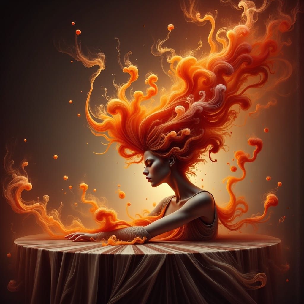 Ethereal Magic on Ebony Table: Red Orange Blooms into Fiery ...