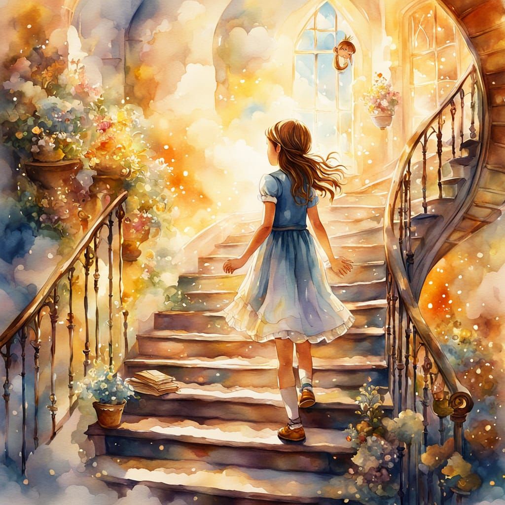 Girl Ascends into Storybook World in Watercolor Style