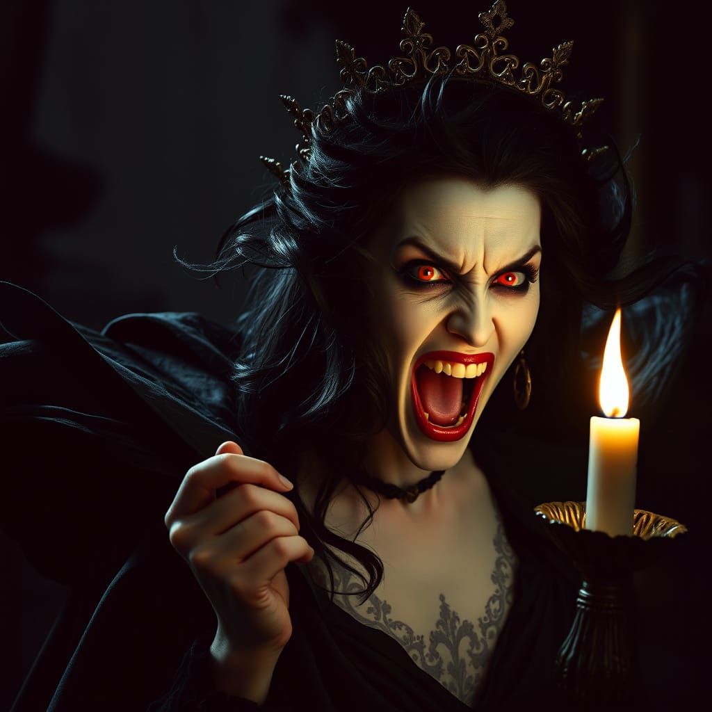 Ethereal Vampire Queen in Dark Regalia Screams in Frenzied T...