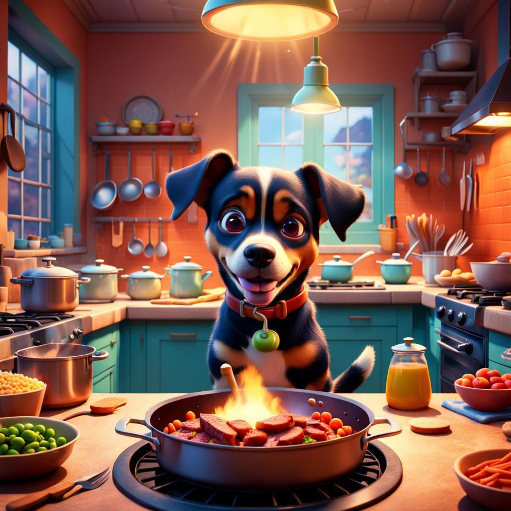 Dog Chef Cooking Dinner in 3D Style