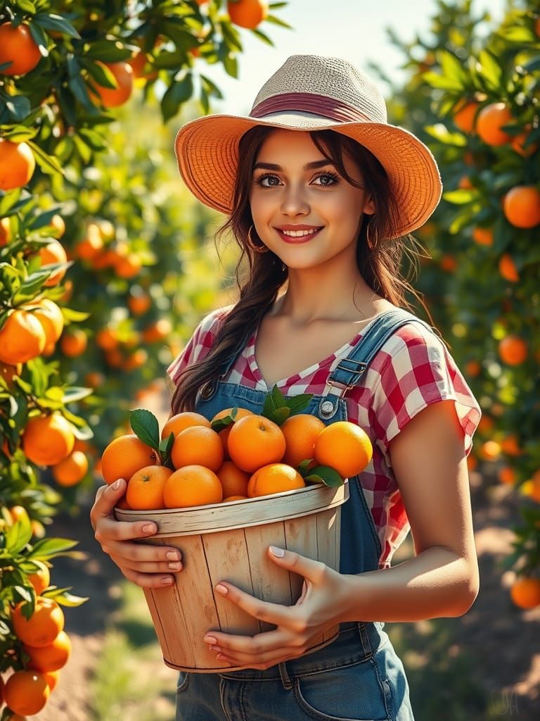 Young Gardener with Oranges in Sunlit Orchard