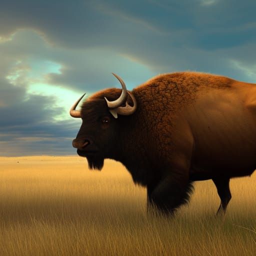 Buffalo in Native American Plains Savanna: Detailed Matte Pa...