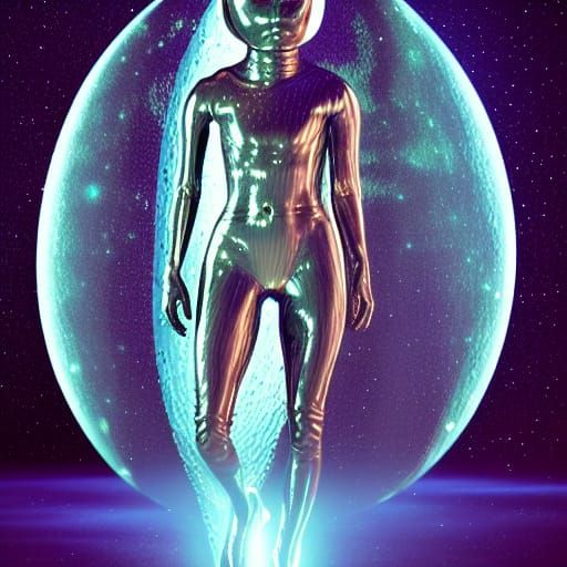 Metallic Alien Walks on Earth in Moonlight