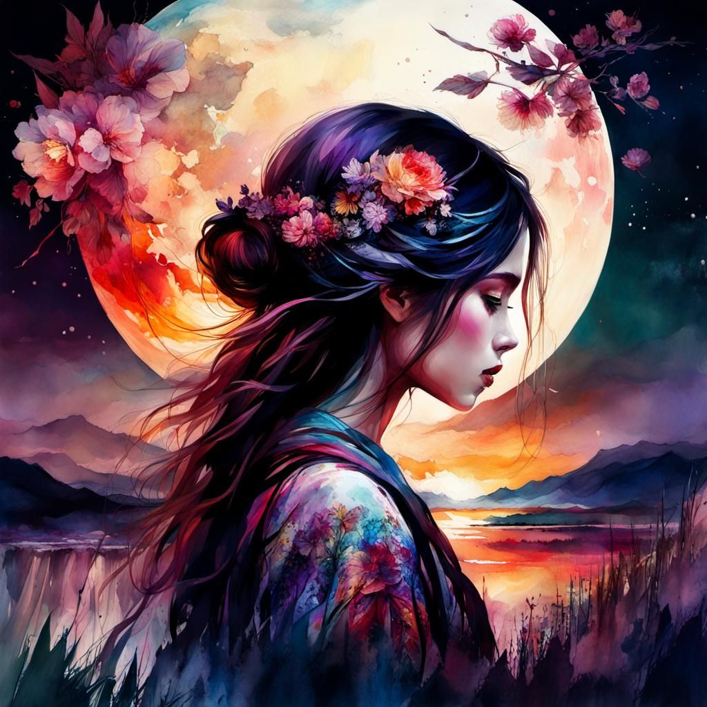 Summerscape Sunset in Digital Watercolor Style