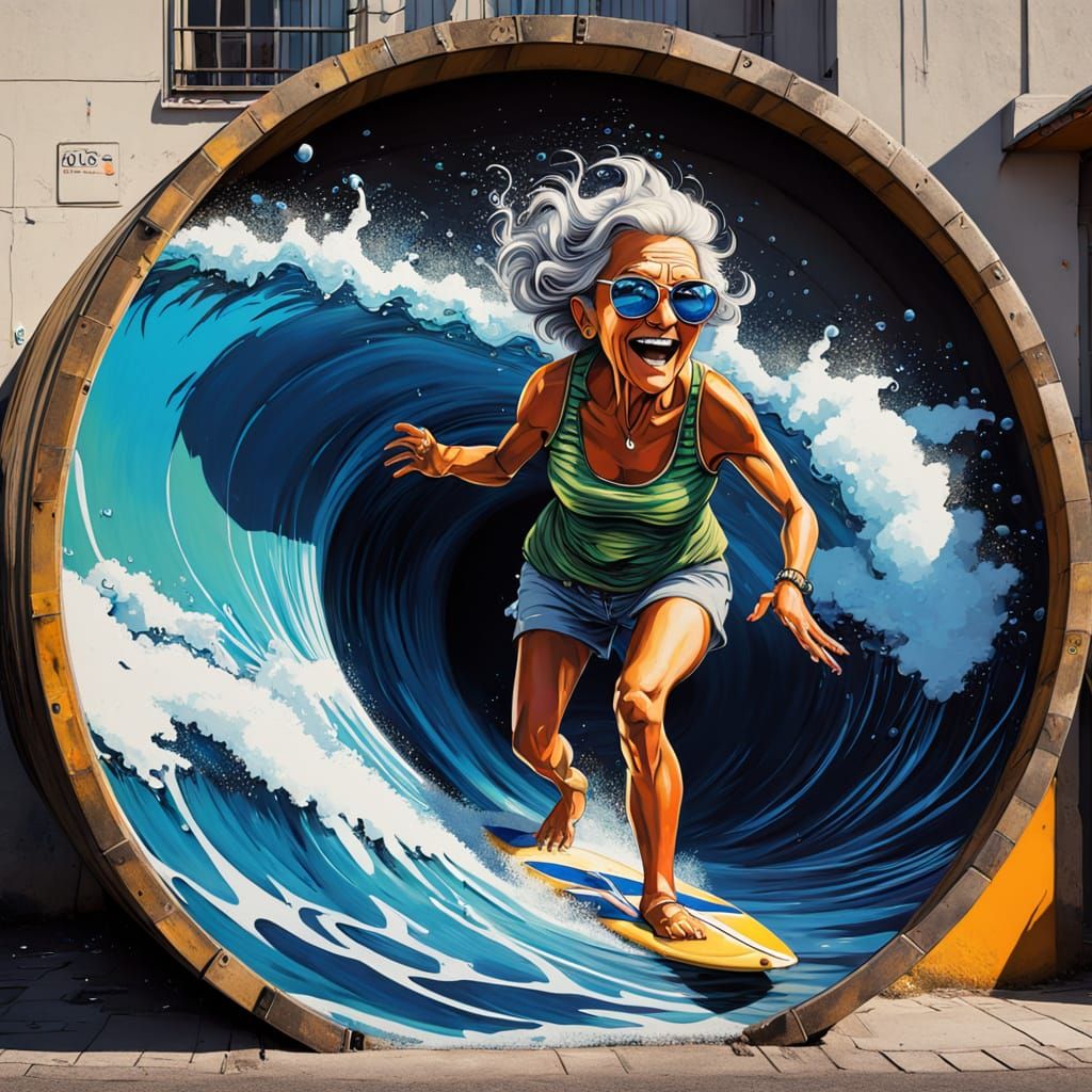 Old Lady Surfing a Barrel Wave in Graffiti Art