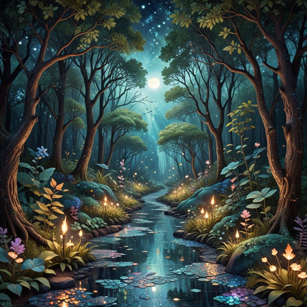 Enchanting Mosaic Forest Path in Art Nouveau Style