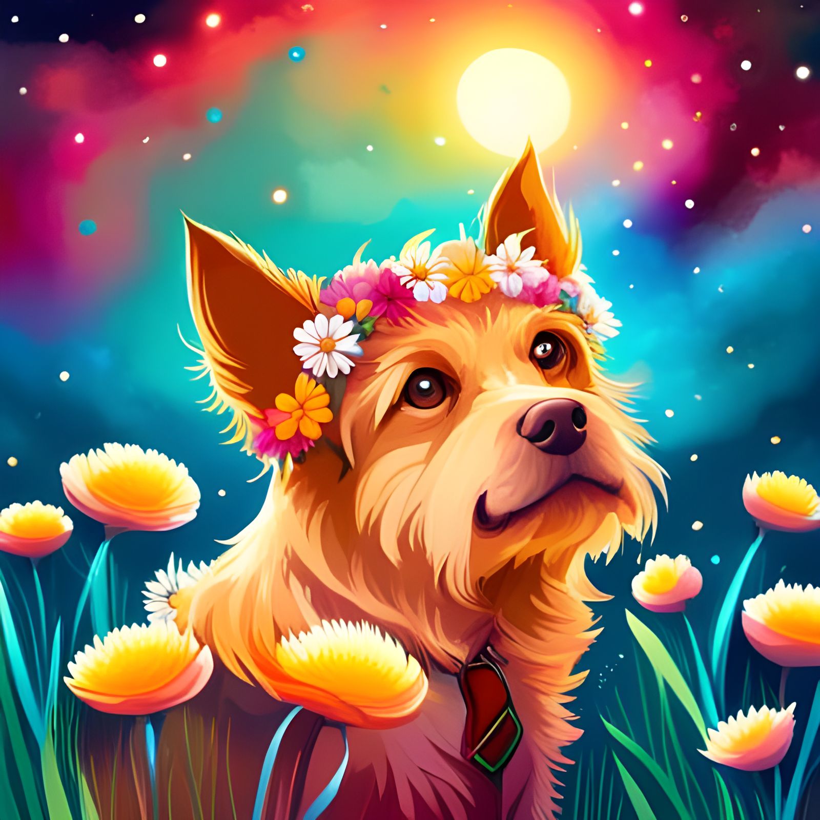 Dog in Flower Meadow, Charming Anime Style