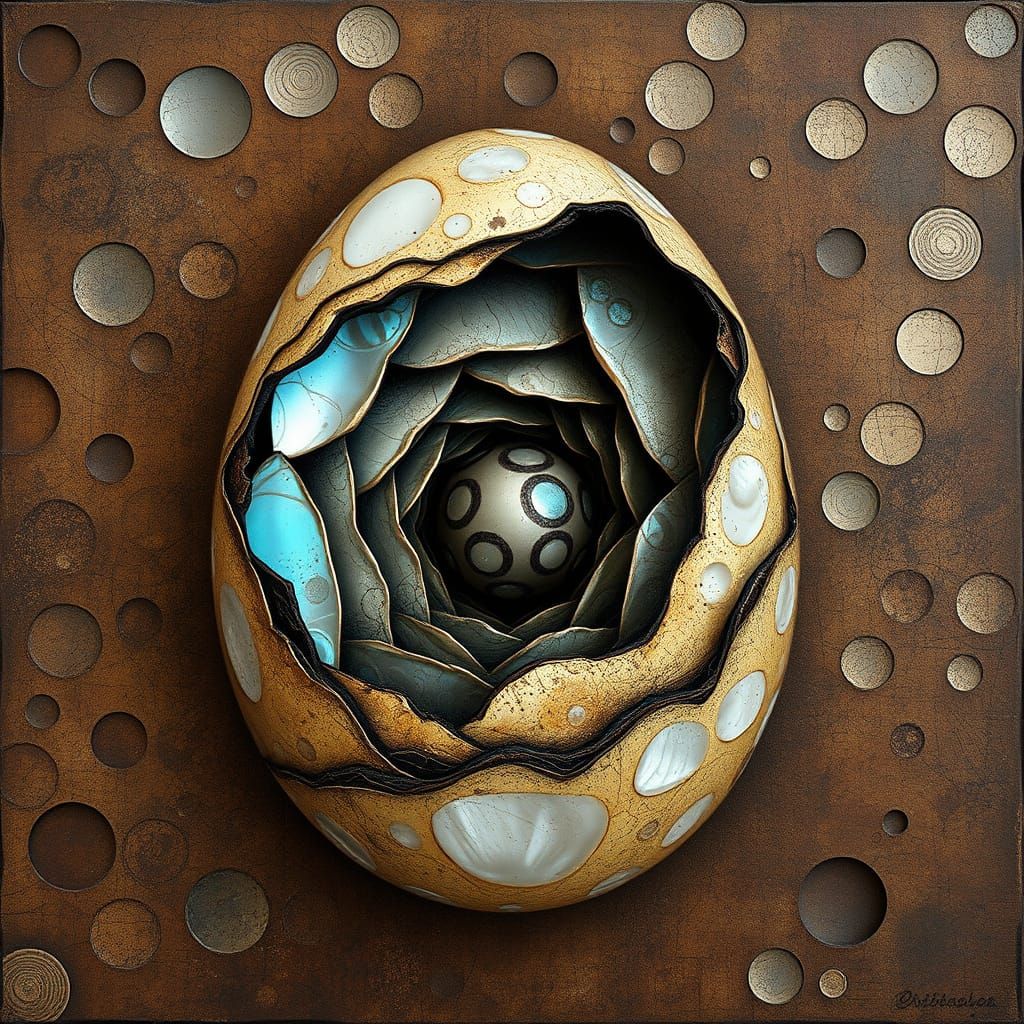 Ethereal Cosmic Egg in Distressed Scratchboard Style