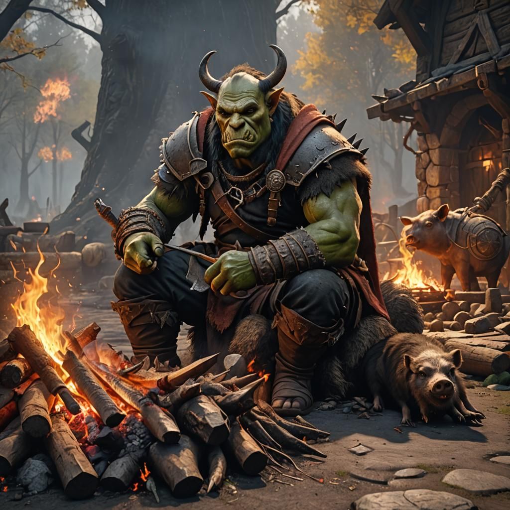 Half-Orc Roasting Boar: Detailed Fantasy Art