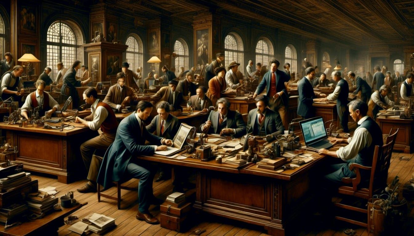 Renaissance Workers in Grandiose Office, Oil Painting