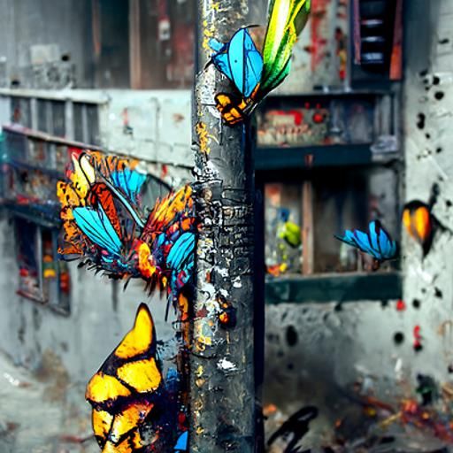 Tropical Butterfly Graffiti Art, Hyperreal Digital Painting