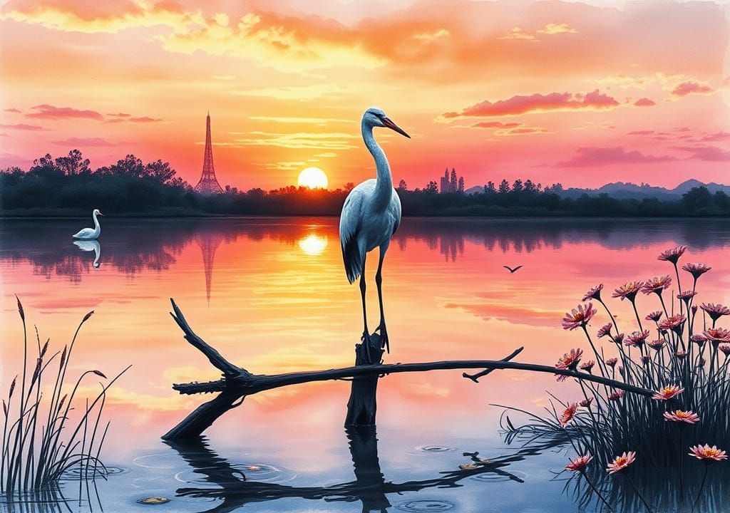 Cranes at Sunrise in Ink and Watercolor