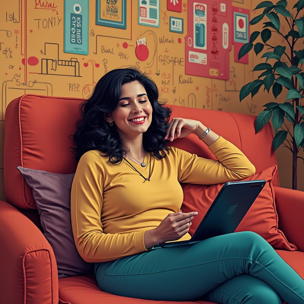 Mary Using Banking App in Ash Thorp Style