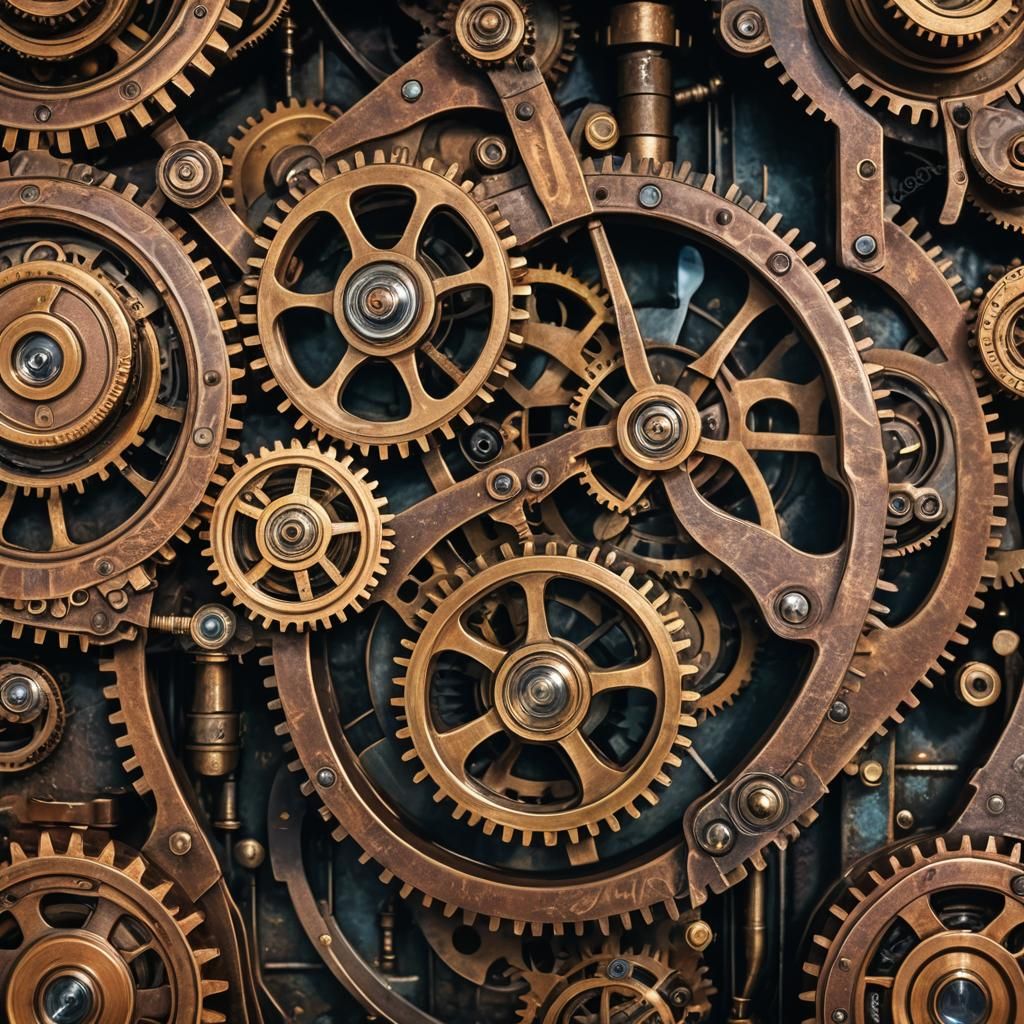 Steampunk Engine Close-Up: Intricate Clockwork Gears