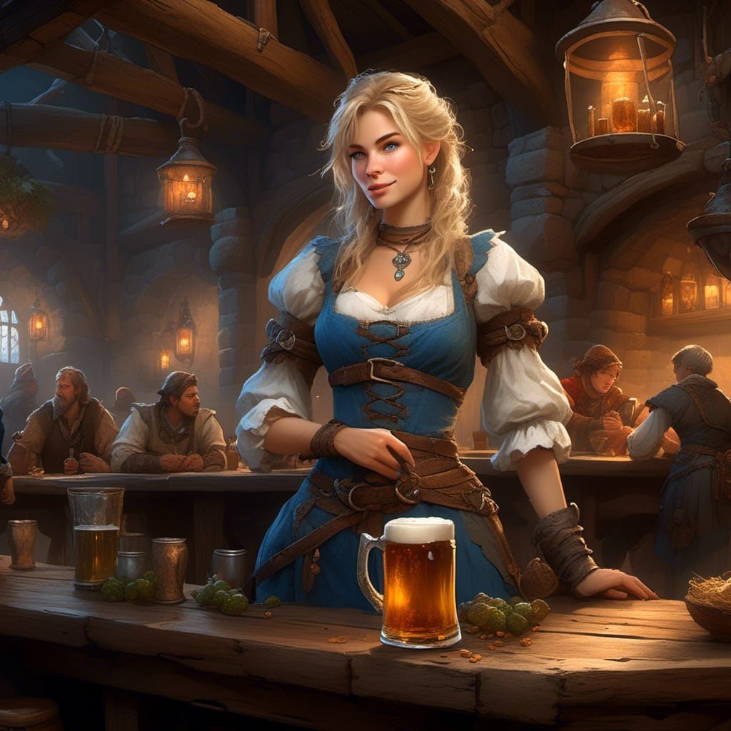 Fantasy Barmaid Serving Ale in D&D Tavern