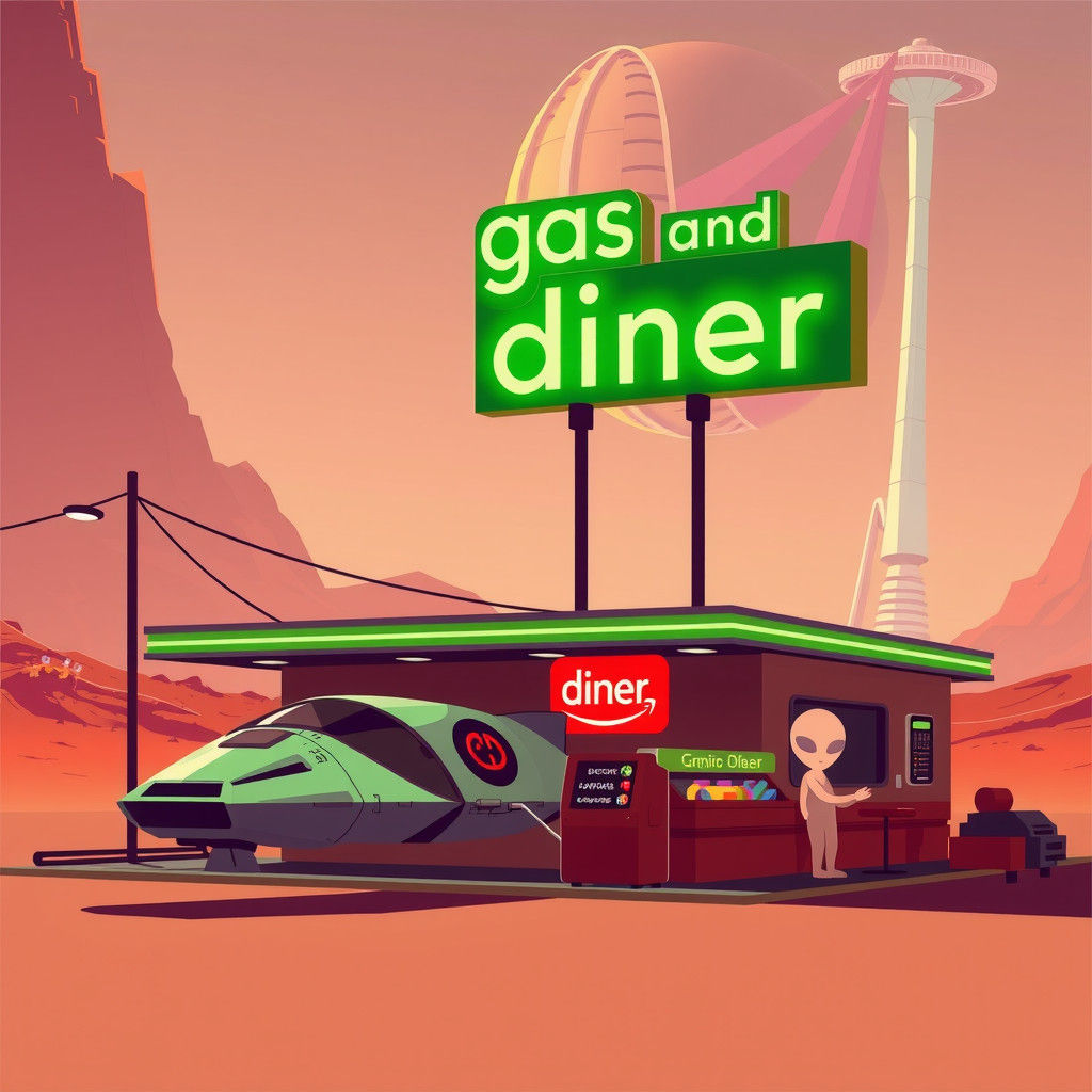 Seventies Style Alien Gas Station on Mars