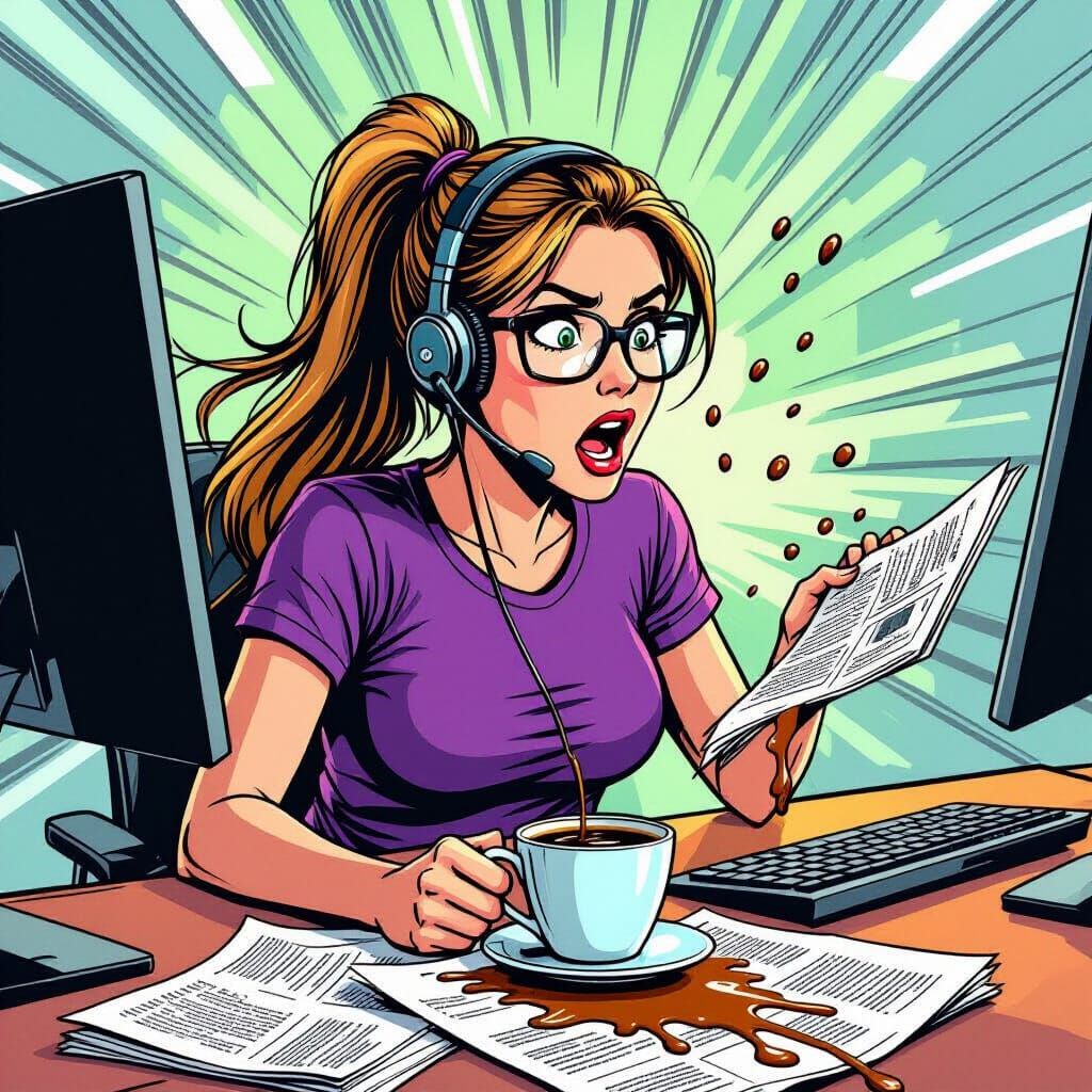 Comic Book Style Office Worker Reacts to Coffee Spill