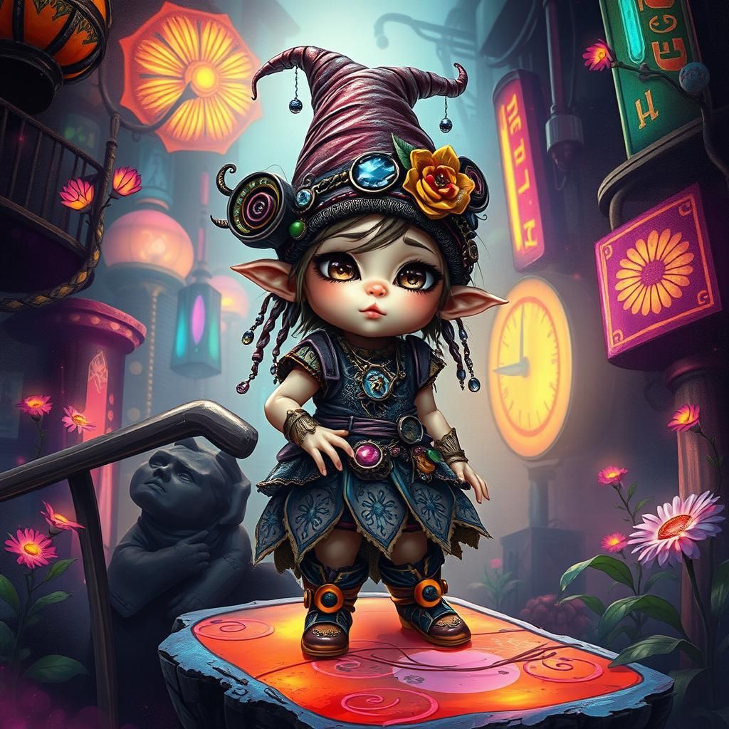 Bohemian Cyberpunk Gnome in Urban Fairytale Setting