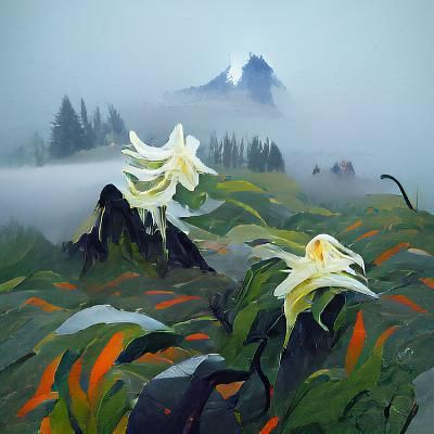 Lilies and Foggy mountain0